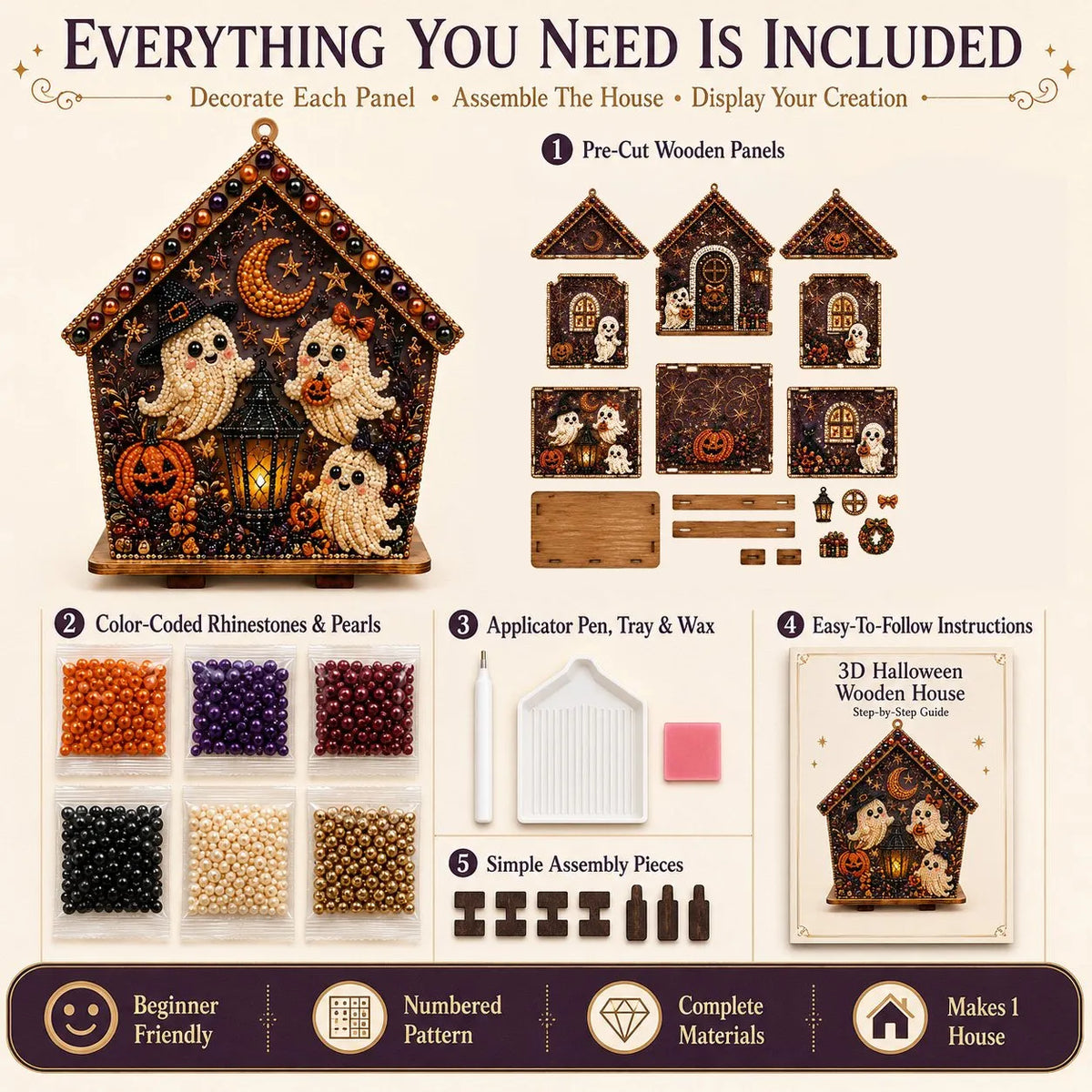 🎃 Beginner-Friendly Moonlit Wooden Cottage 3D Pearl Art Kit Collection | Complete Kit with All Tools & Step-by-Step Guide Included 💕