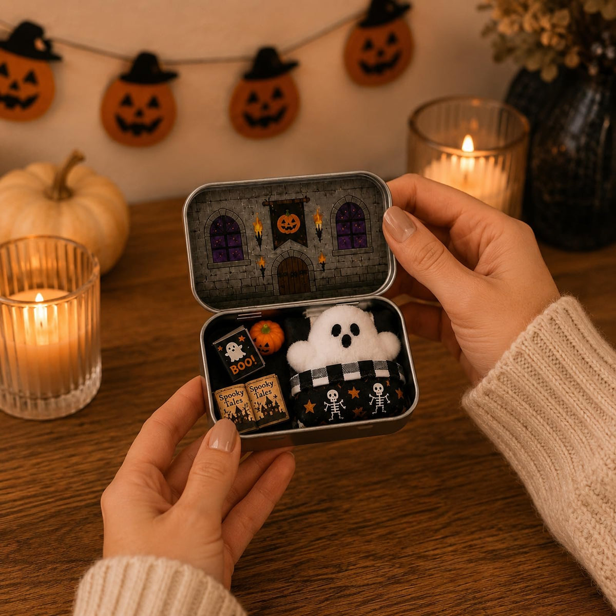 🎉Halloween Mini Ghost Tin Box Set - Cute Spooky Halloween Travel Figurine
