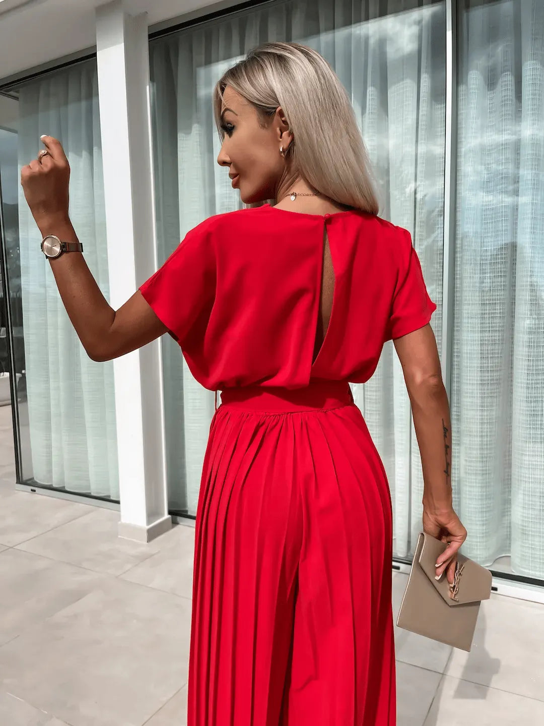 Casual Waistband Solid Color Pleated Wide Leg Jumpsuit