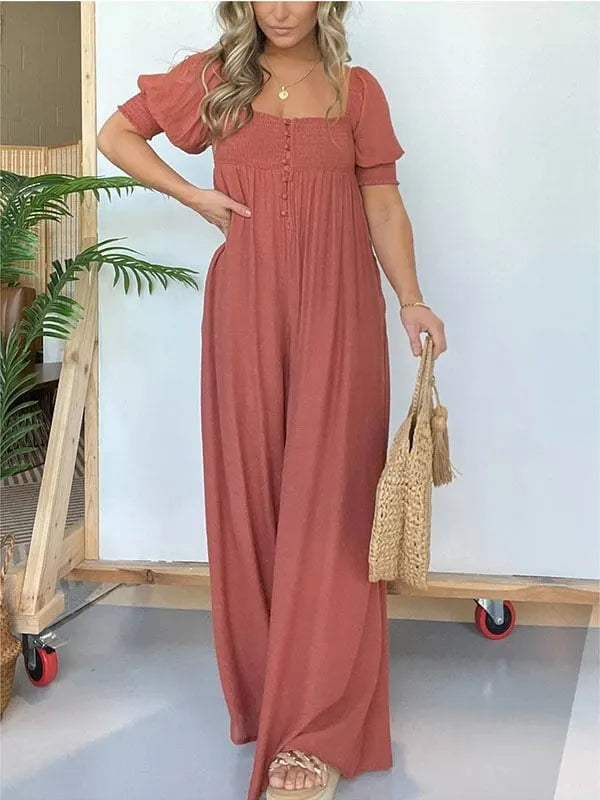 New Square Neckline Jumpsuit with Smocked Bodice Button (Buy 2 Free Shipping)