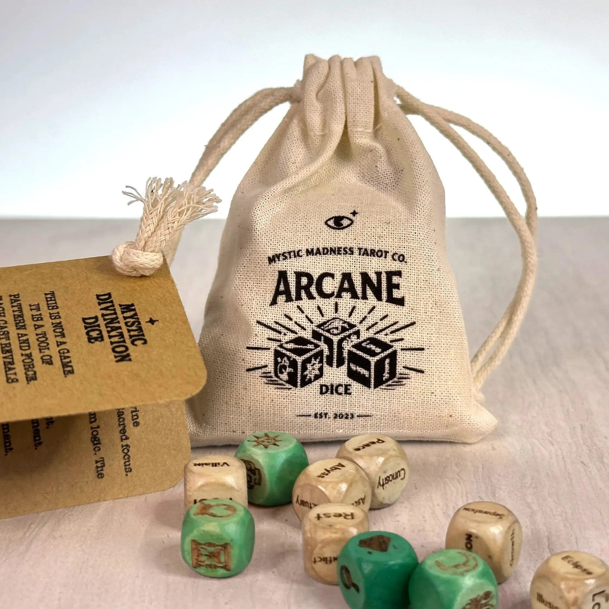 🎉🔮🎲Arcane Divination Dice Set – Engraved Wooden Box, Oracle Dice for Tarot Ritual, Handcrafted Intuition Amplifier