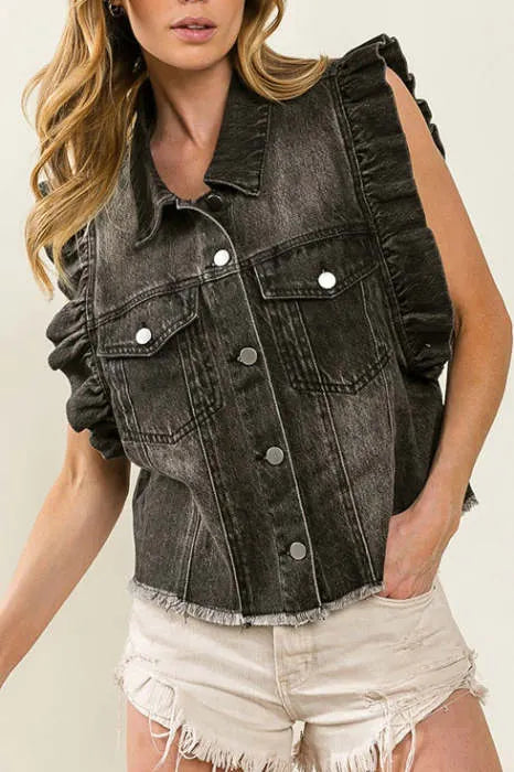 Leopard Print Ruffle Sleeveless Jacket