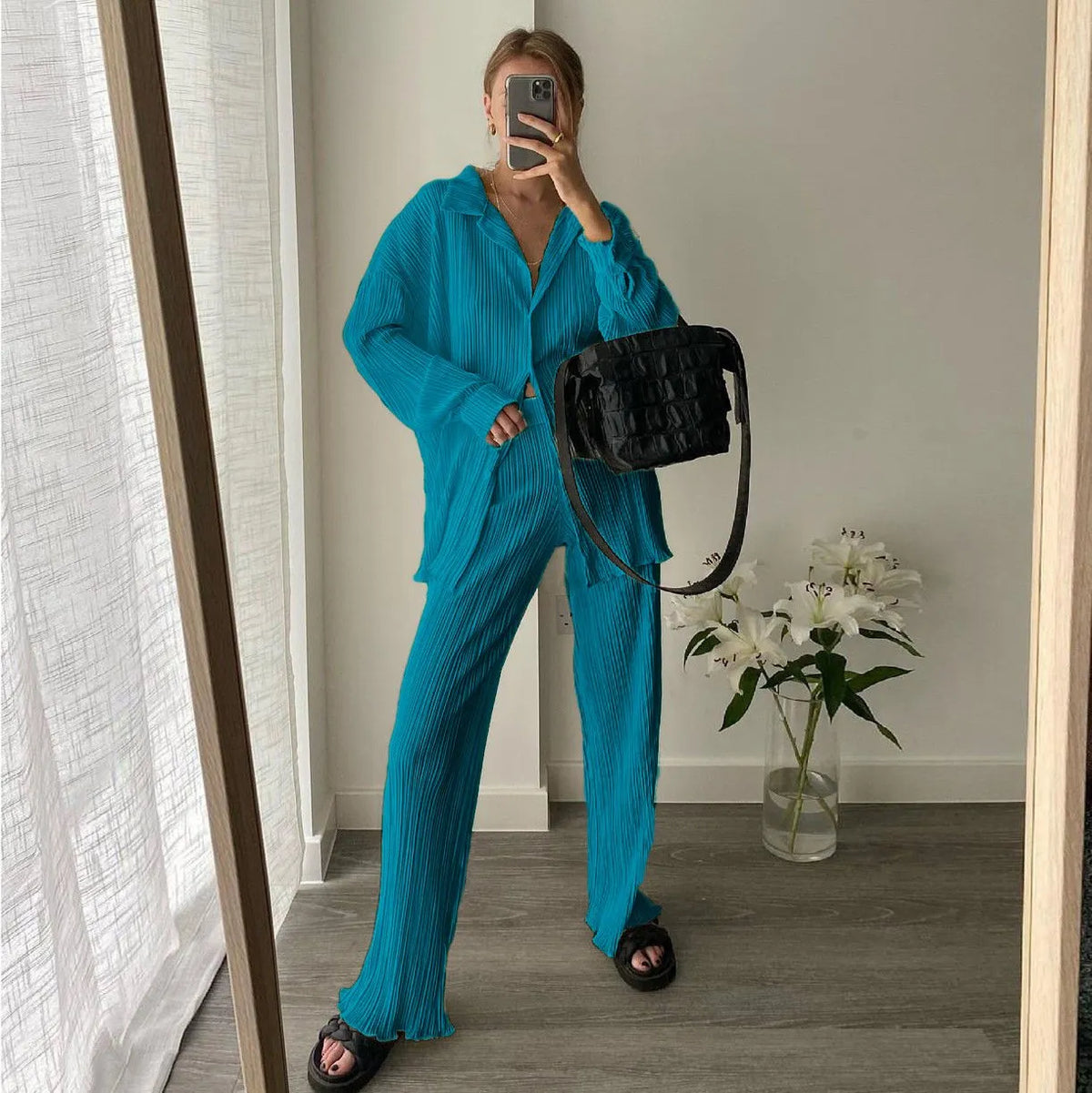 Oversized Leisure Pleat Pockets Two Piece Pants Set