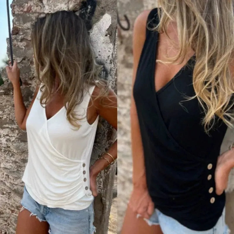 V-neck cross-button tank top T-shirt