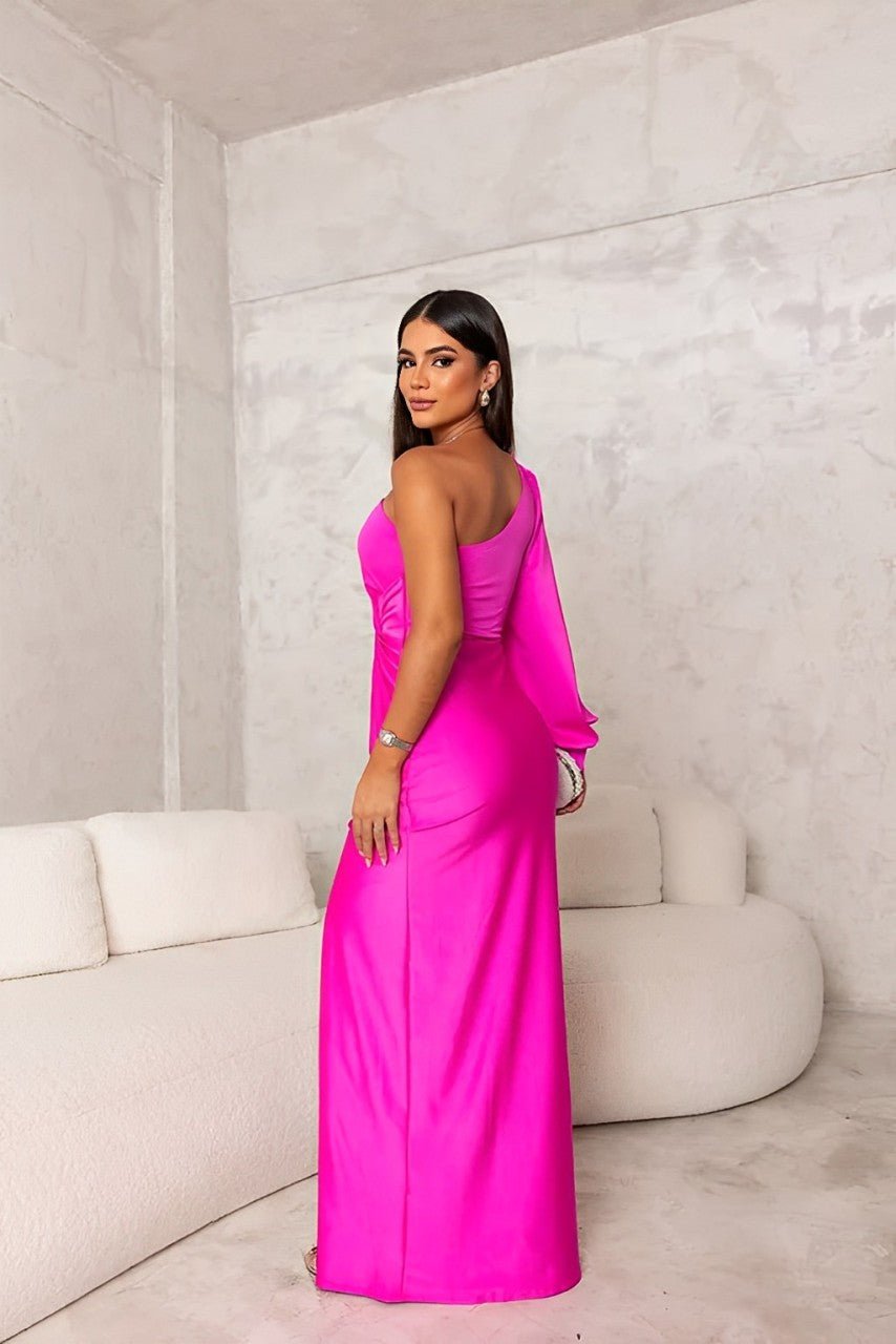 Slanted Collar Ruched Waist & Slit Sexy Long Dress