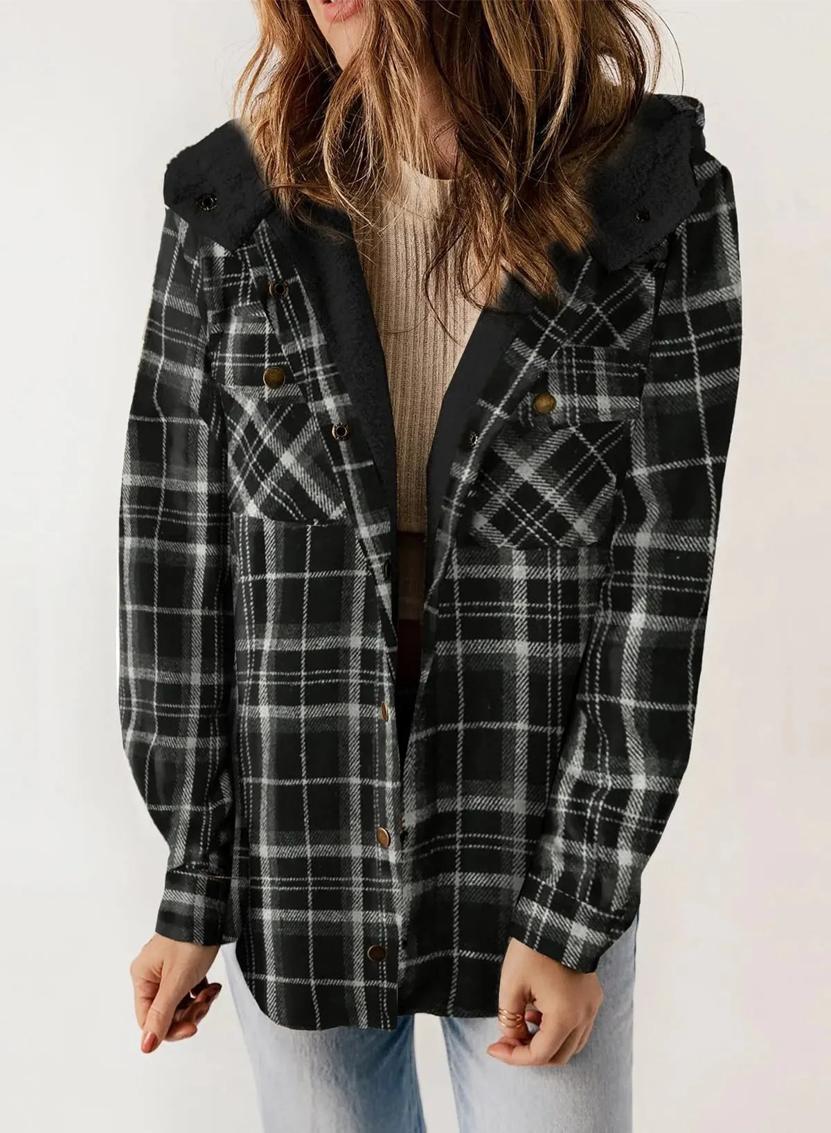⏰HOT SALE-WOMEN'S THICKENED FLANNEL LONG SLEEVE PLAID JACKET COAT WITH HOOD