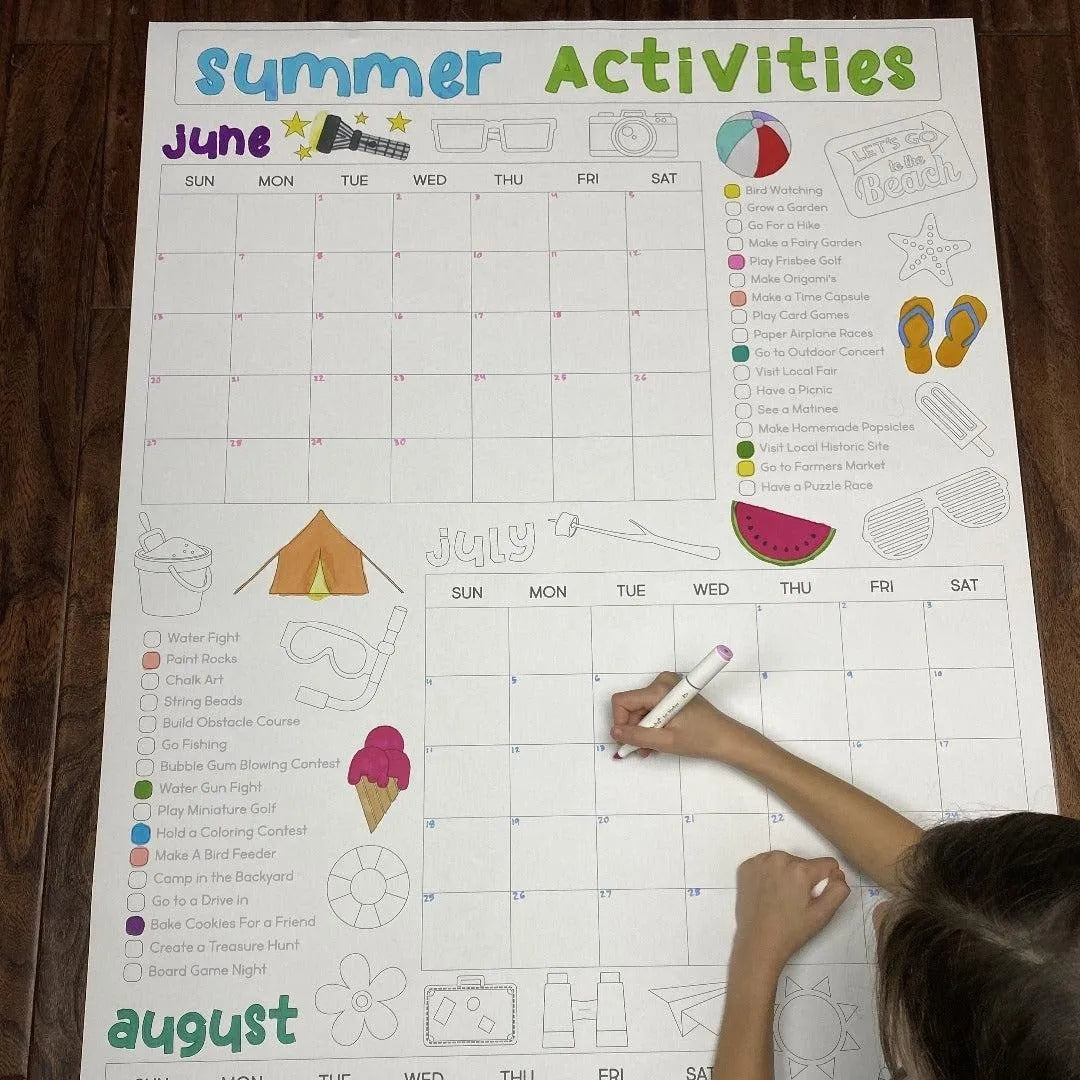 🌞 Giant Summer Activity Calendar Coloring Poster | 30×50 Inch Family Summer Planner