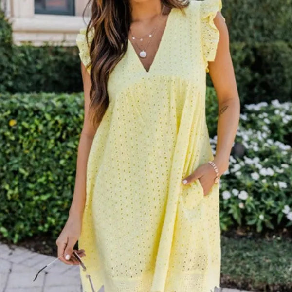 Women's Lace Jacquard Cutout Pocket Liner Shorts V Neck Plus Size Swing Dress