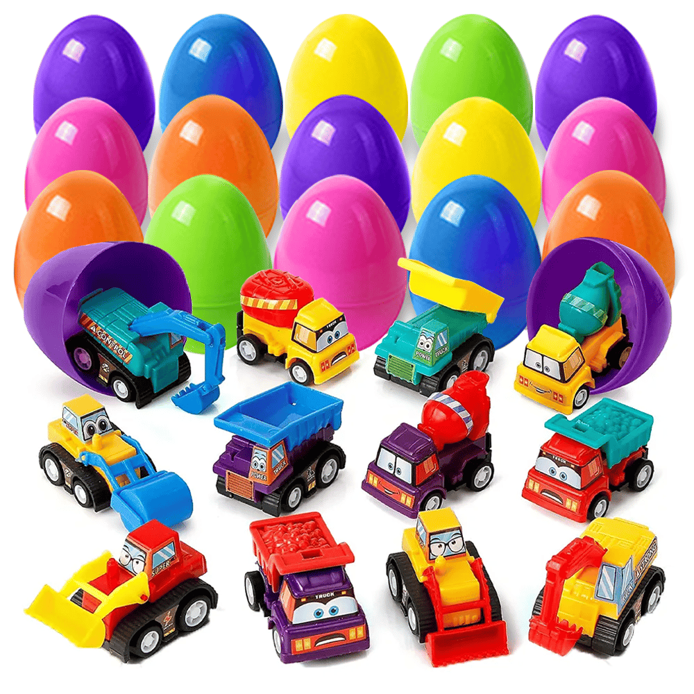 BUY 2 FREE SHIPPING -Easter Eggs Filled With Pull-Back Construction Vehicles, Cute Animals, Dinosaurs, Jewelry pieces and Bunnies