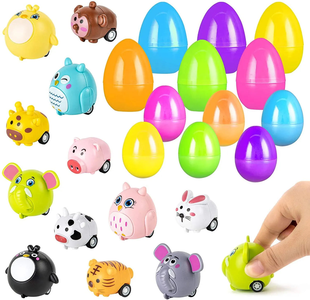 BUY 2 FREE SHIPPING -Easter Eggs Filled With Pull-Back Construction Vehicles, Cute Animals, Dinosaurs, Jewelry pieces and Bunnies