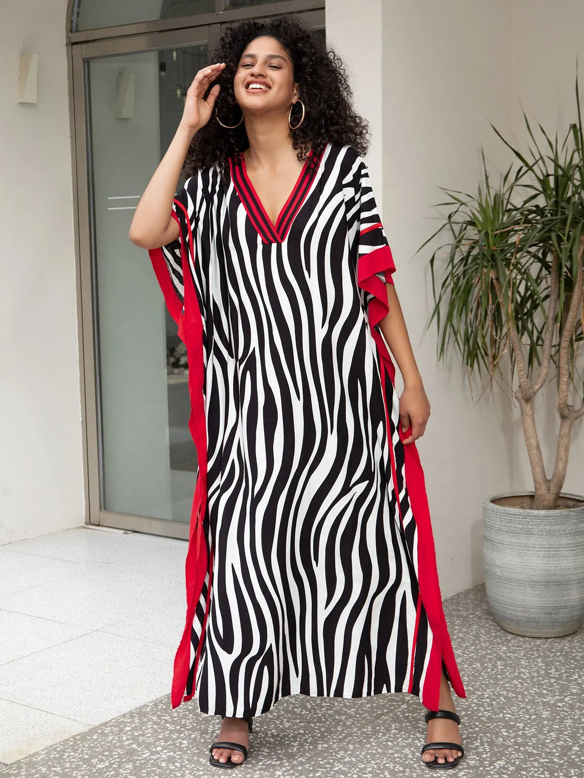 Women's Contrast Trim Leopard Print Batwing Sleeve Dress