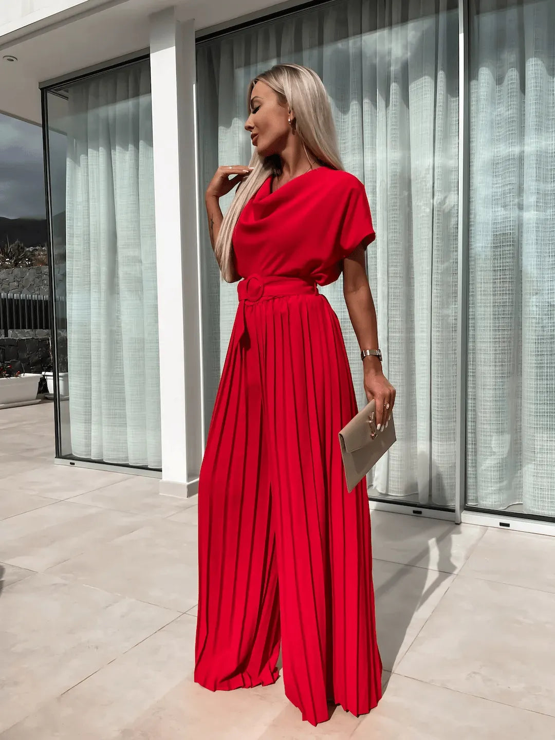 Casual Waistband Solid Color Pleated Wide Leg Jumpsuit