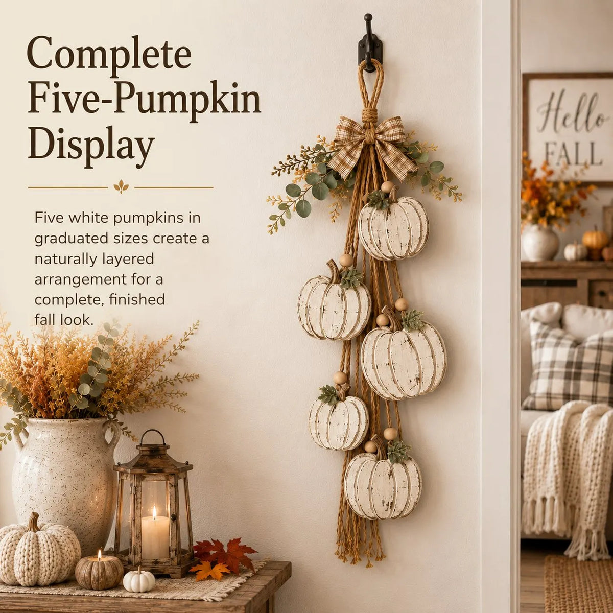 🎉Rustic White Pumpkin Hanging Swag – 5-Pumpkin Fall Wall & Door Decor