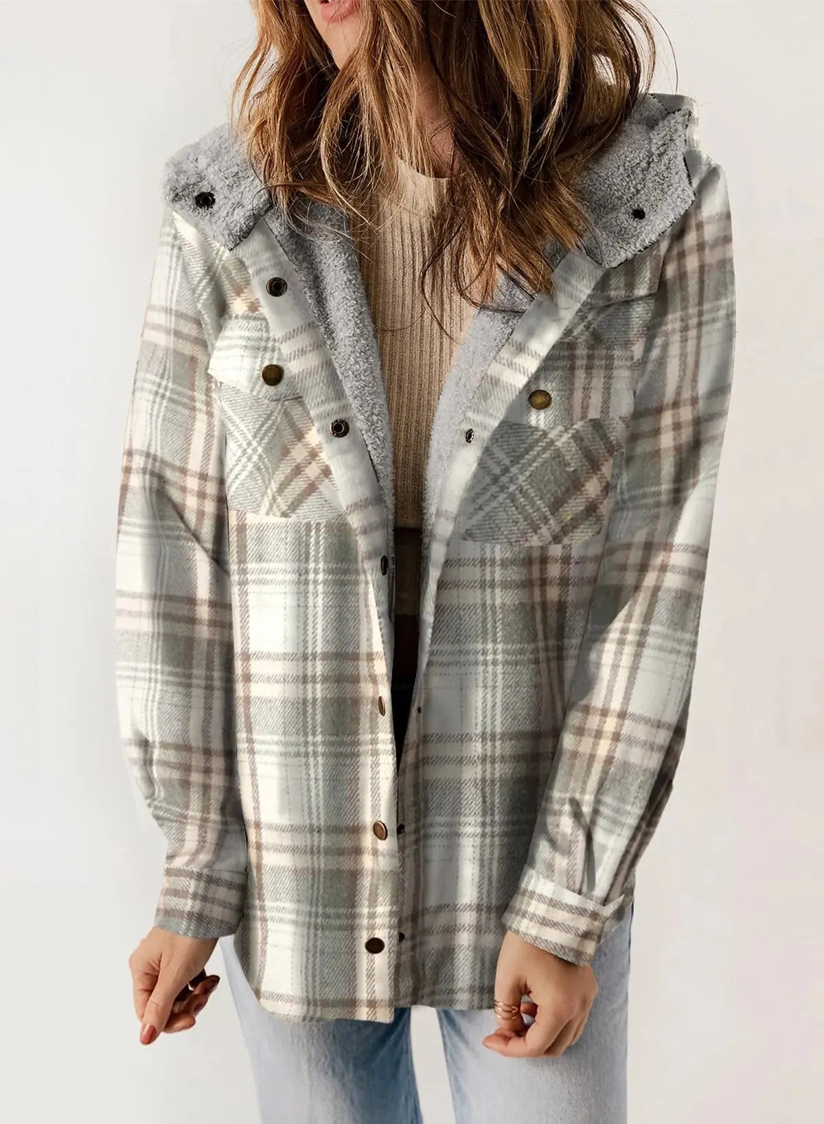 ⏰HOT SALE-WOMEN'S THICKENED FLANNEL LONG SLEEVE PLAID JACKET COAT WITH HOOD