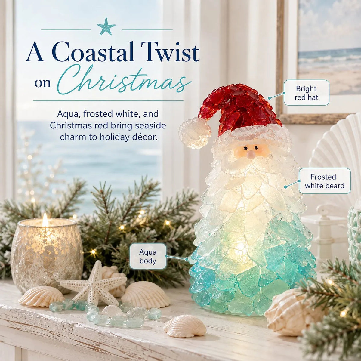 🎉🎅 Beginner-Friendly DIY Lighted Sea Glass Santa Christmas Decor Kit | Complete Kit with Sea Glass Pieces, Warm Fairy Lights & Step-by-Step Guide Included 💕