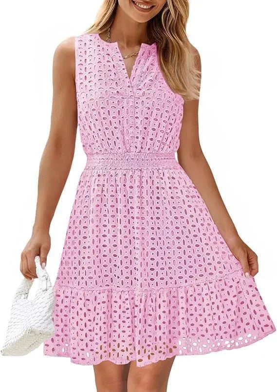 Sleeveless Dress with V-Neck, Hollow Out Eyelet and High Waist