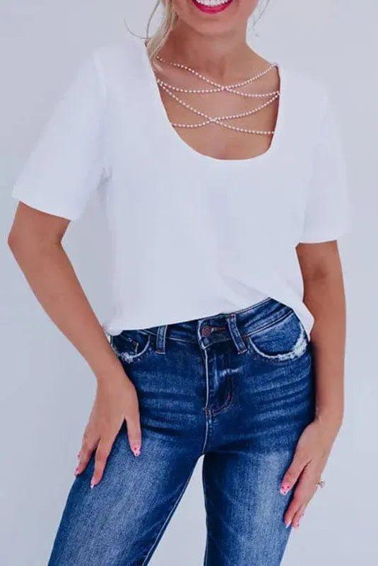 Pearl Beaded Backless Two-Way Short-Sleeved Top (Buy 2 Free Shipping)