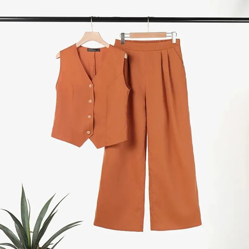 💕Button Down Vest and Wide Leg Pants 2 Piece Set (Buy 2 Sets Free Shipping)