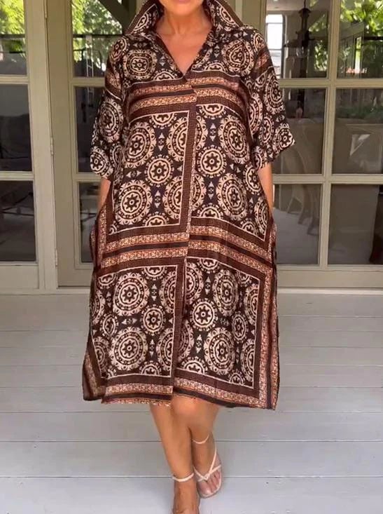 Casual V-neck Printed Loose Dress