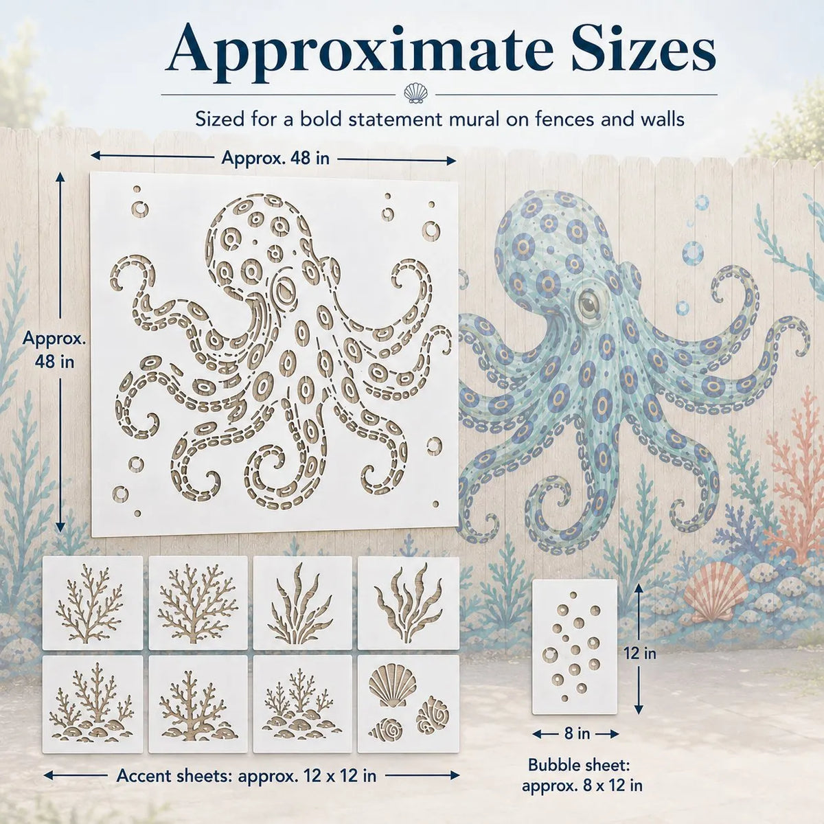 🐙 Reusable Ocean Octopus Mural Stencil Set | Bring Plain Walls & Fences to Life with a Bold Underwater Scene 🌊🎨✨
