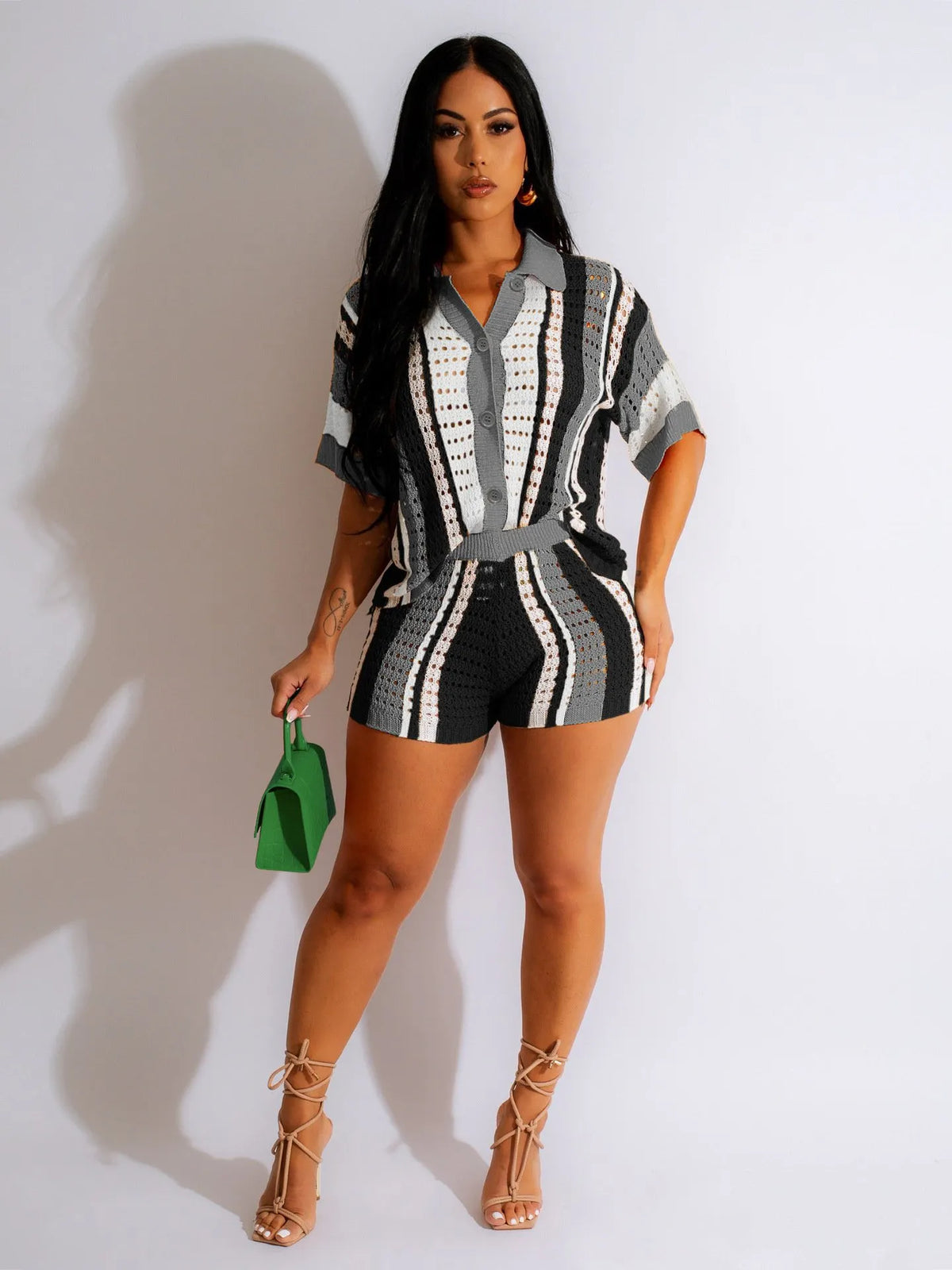 (BUY 2 SETS FREE SHIPPING)Women's 2-Piece Sheer Mesh Button-Up Top and High-Waisted Shorts Set