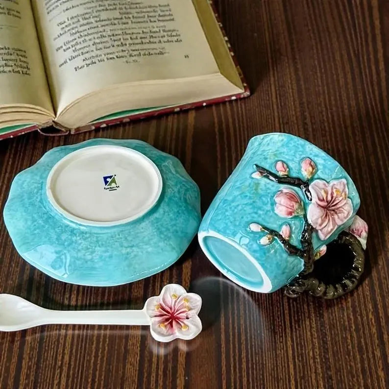 1 Set of Hand Painted Ceramic Cups & Saucers | 3D Starry Sky, Apricot Flower, Sunflower, Iris Tea | Coffee Mug | Round Plate and Spoon