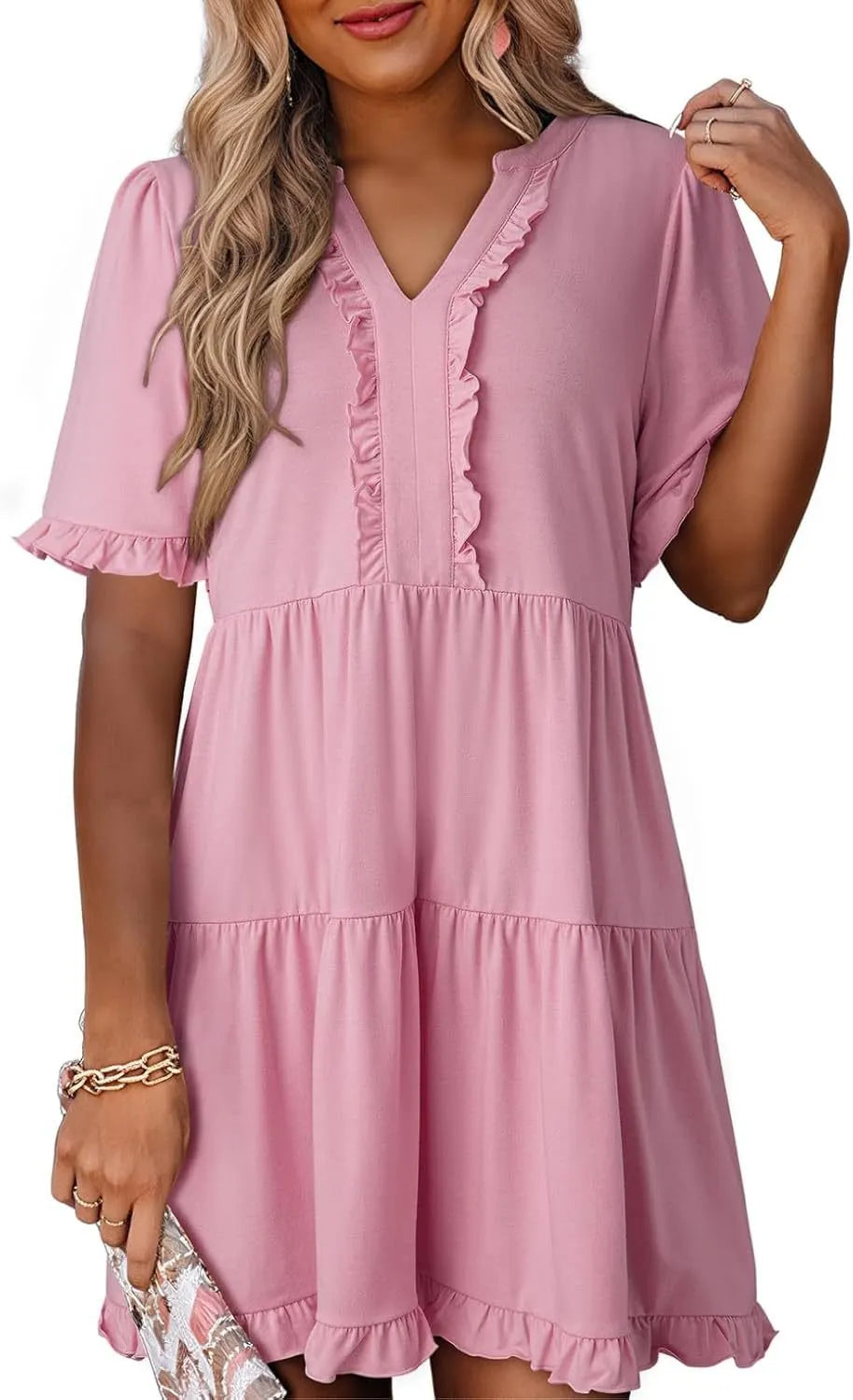 V Neck Short Sleeve Casual A Line Flowy Swing Shift Dress