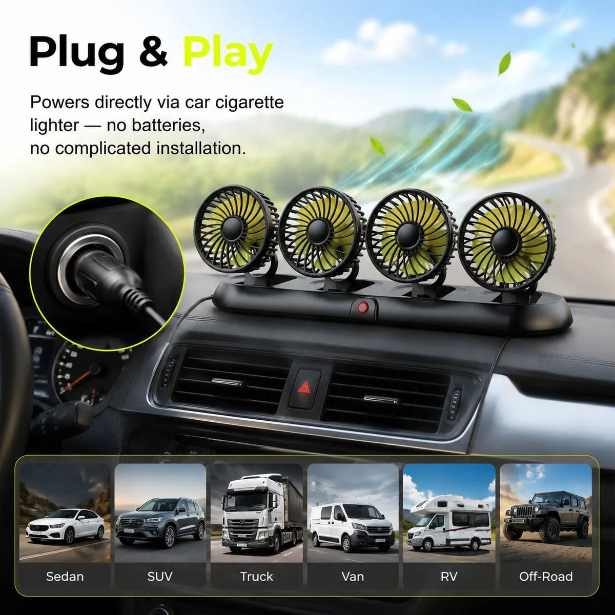 🔥HOT SALE🔥Portable 4-Head Car Cooling Fan – 3-Speed Adjustable, 360° Rotation, Cigarette Lighter Plug