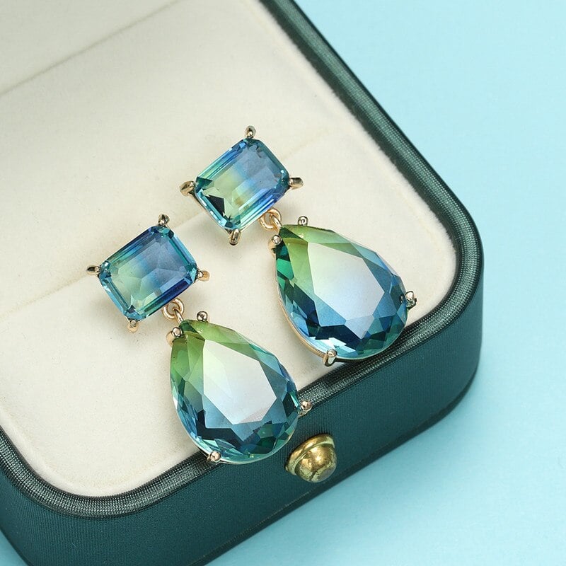 Luxurious blue-green series crystal drop earrings
