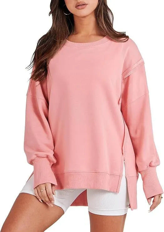Oversized Crew Neck Sweatshirt Slit Pullover (Buy 2 Free Shiping)