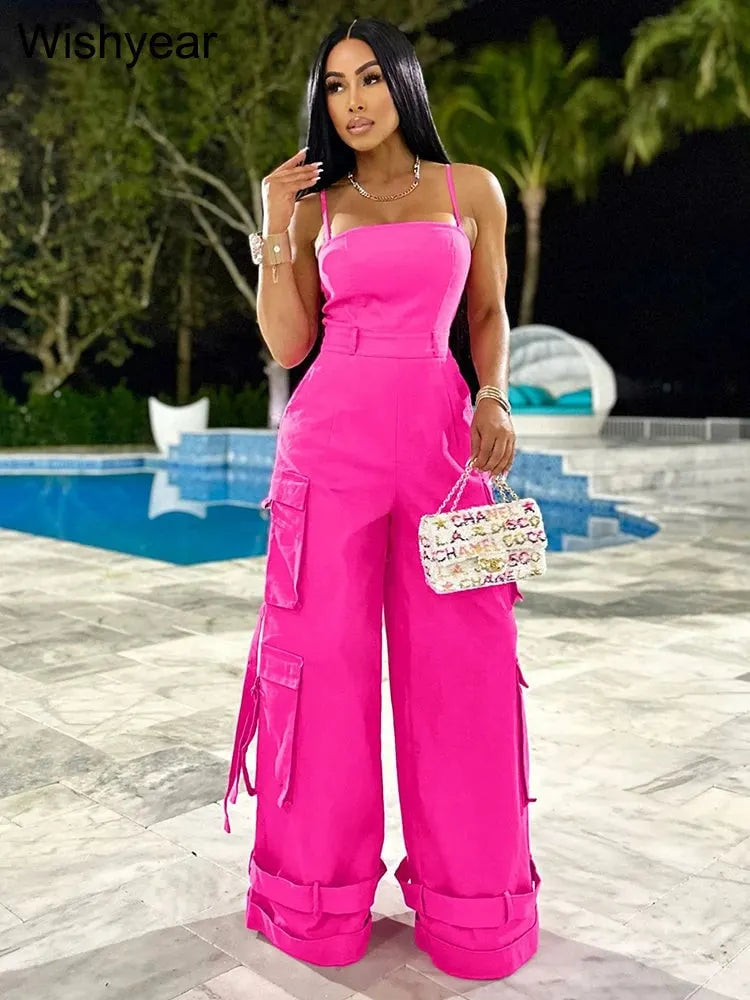 Strap Backless Multi Pocket Wide Leg Jumpsuit