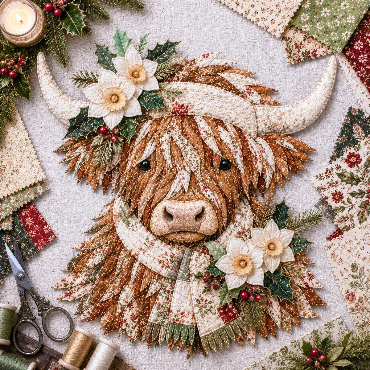 ⏳LAST DAY 49% OFF - 🐮💐🌸 Birth Flower Highland Cow 3D Layered Fabric Art DIY Kit | Complete Kit Included ✂️ Pre-Cut Pieces • Glue or Stitch Your Way • Create a Cozy 3D Highland Cow Decor 💕