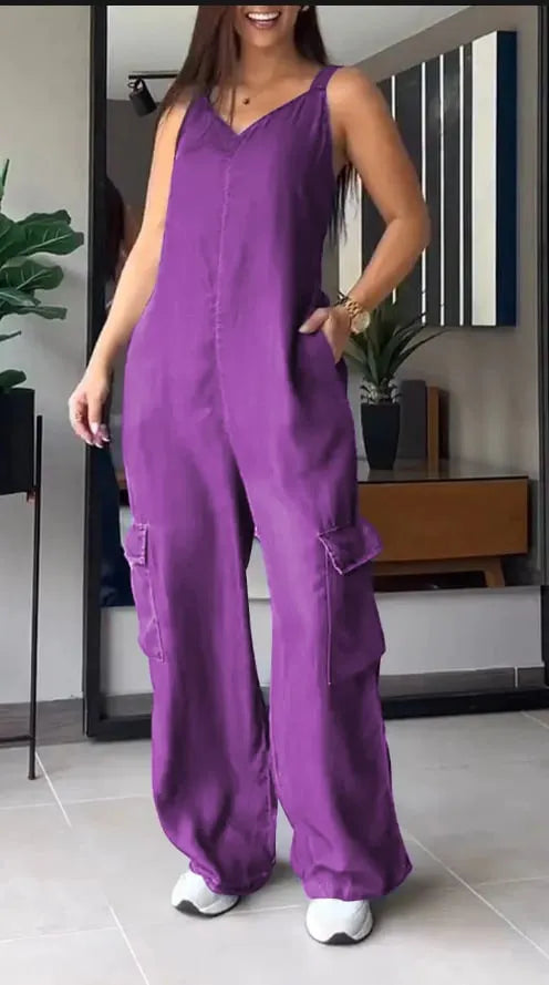 Thin Denim Cargo Pocket V-neck Jumpsuit (Buy 2 Free Shipping)