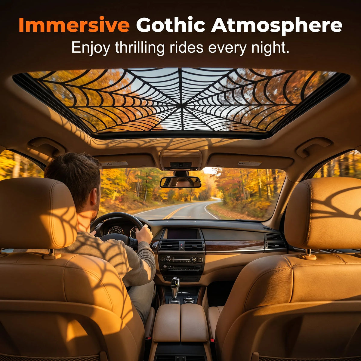 🎉HOT SALE🔥🕸🦇 Halloween Sunroof Decal – Gothic Spiderweb & Bat Window Film