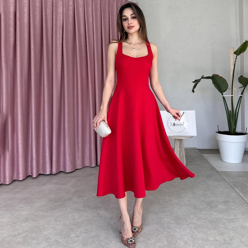 Solid color square neck sleeveless halter dress