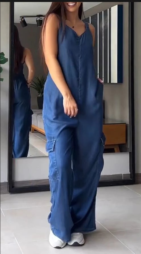 Thin Denim Cargo Pocket V-neck Jumpsuit (Buy 2 Free Shipping)