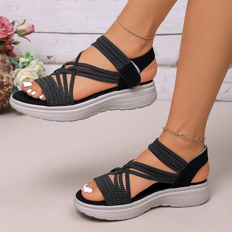 Women's sandals with elastic band, thick sole and arch support