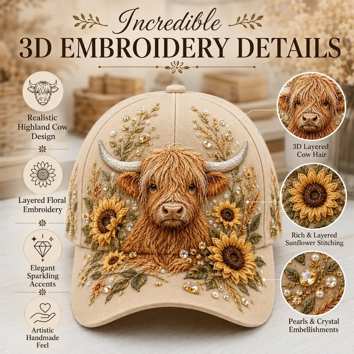 🔥LAST DAY 50% OFF - 🦬3D Highland Cow Embroidery Cap🧢(Breathable & Lightweight Comfort & Unisex Fit)