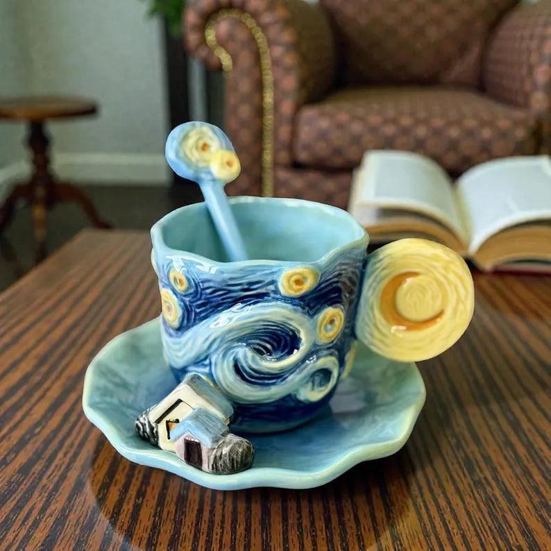 1 Set of Hand Painted Ceramic Cups & Saucers | 3D Starry Sky, Apricot Flower, Sunflower, Iris Tea | Coffee Mug | Round Plate and Spoon