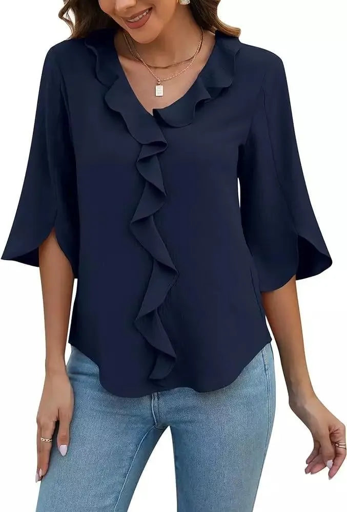 Women's V-Neck 3/4 Ruffle Sleeve Tops