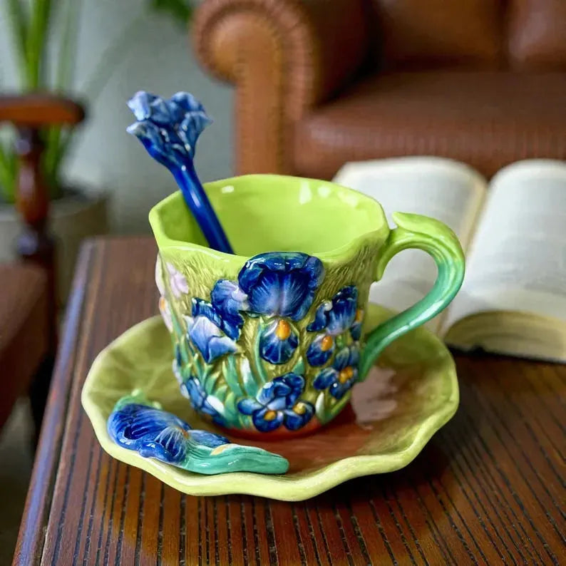 1 Set of Hand Painted Ceramic Cups & Saucers | 3D Starry Sky, Apricot Flower, Sunflower, Iris Tea | Coffee Mug | Round Plate and Spoon