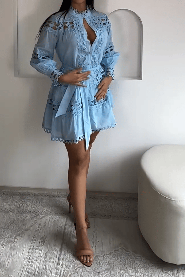 Women's Fashion Solid Color Single Breasted Lace Splicing Dress