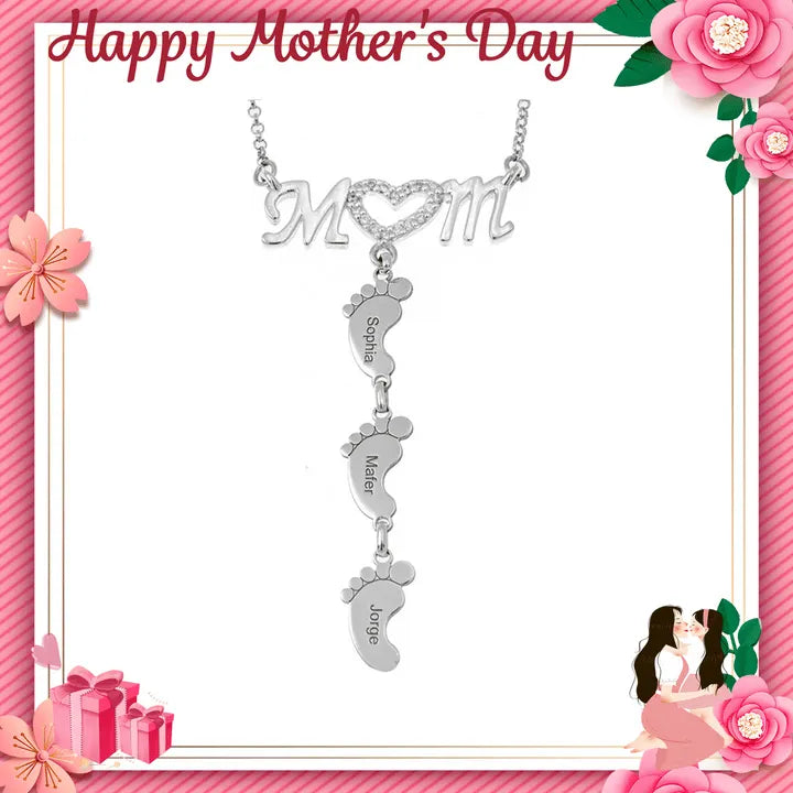 Mother's Day Gift Personalised Heart Crystal Mom Necklace With Baby Feet