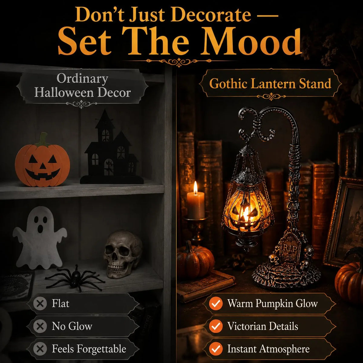 🔥HOT SALE🔥🎃 Gothic Pumpkin Lantern Stand | Warm Orange LED Glow, Victorian Skull Details & Haunted Shelf Decor 🕯️