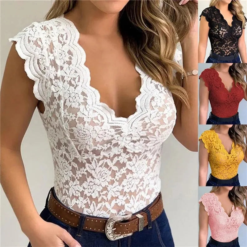 Women Slim Tunic Lace V Neck T-shirt