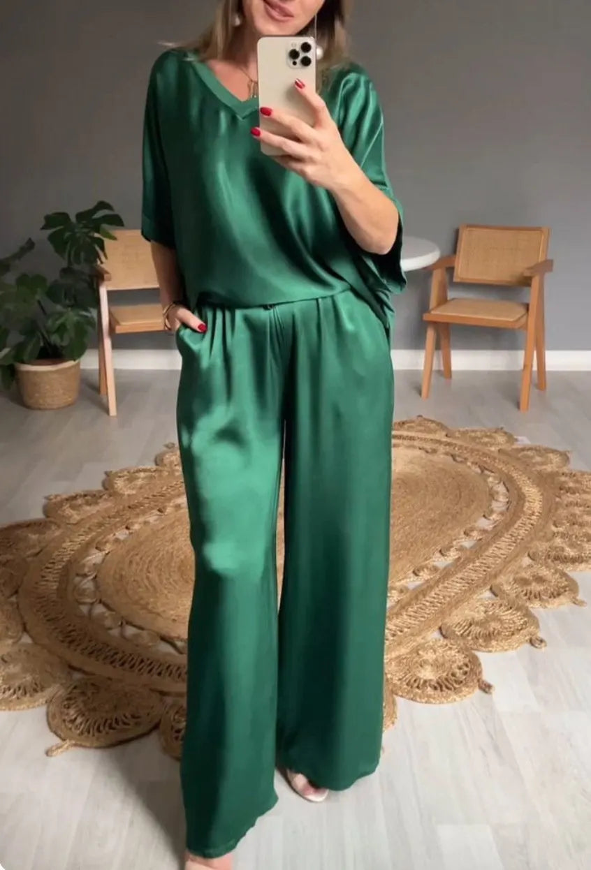 V-neck Satin Two-piece Suit - buy 2 free shipping