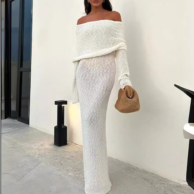 Off Shoulder Stretchy Mesh Knit Maxi Dress