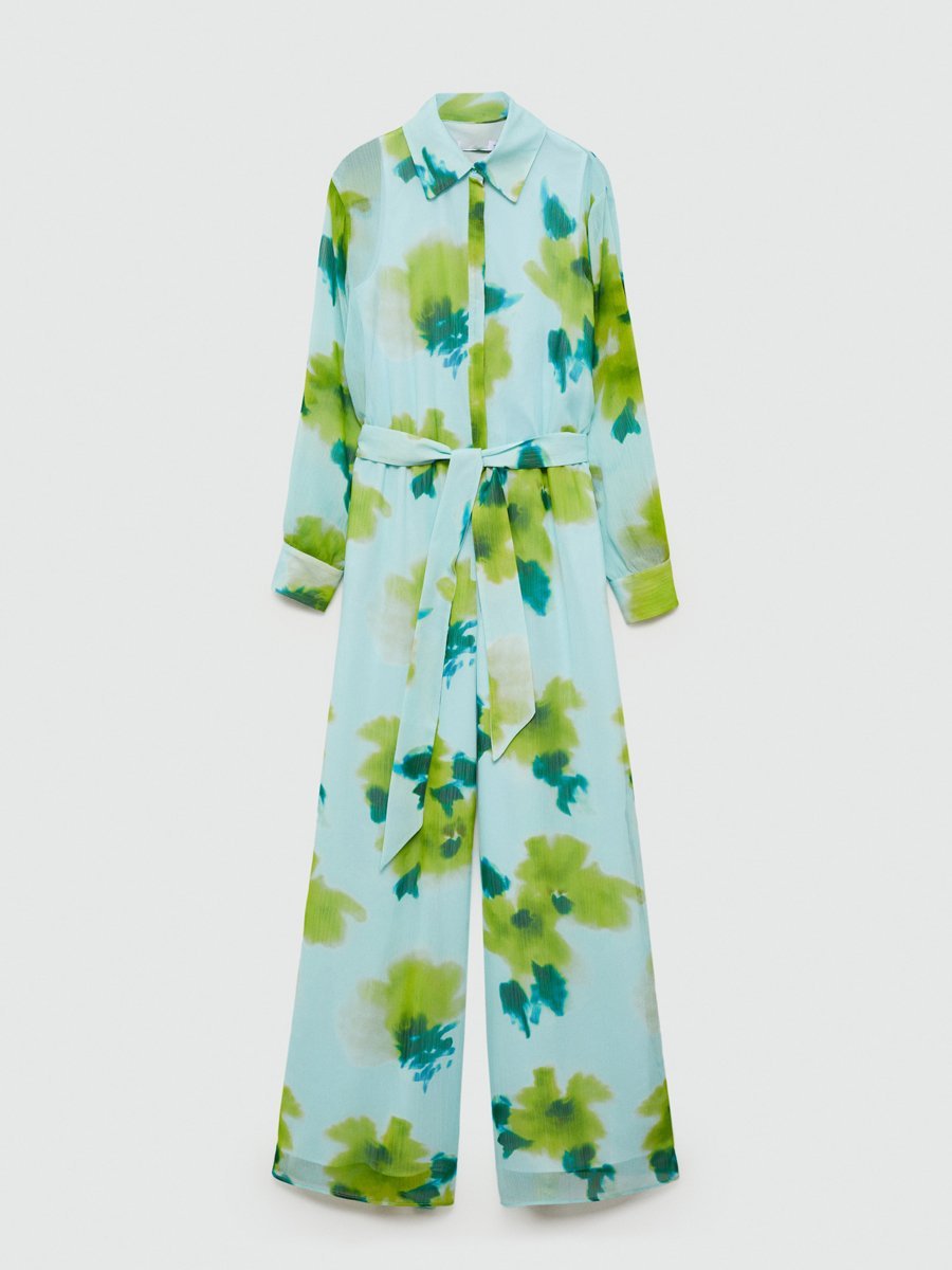 Women's Casual Printed Long Sleeve Belt Jumpsuit