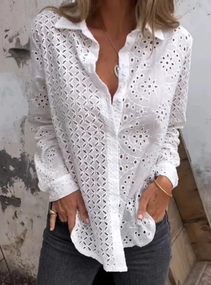 Women Hollow Out Button Tops Dressy Lace Eyelet
