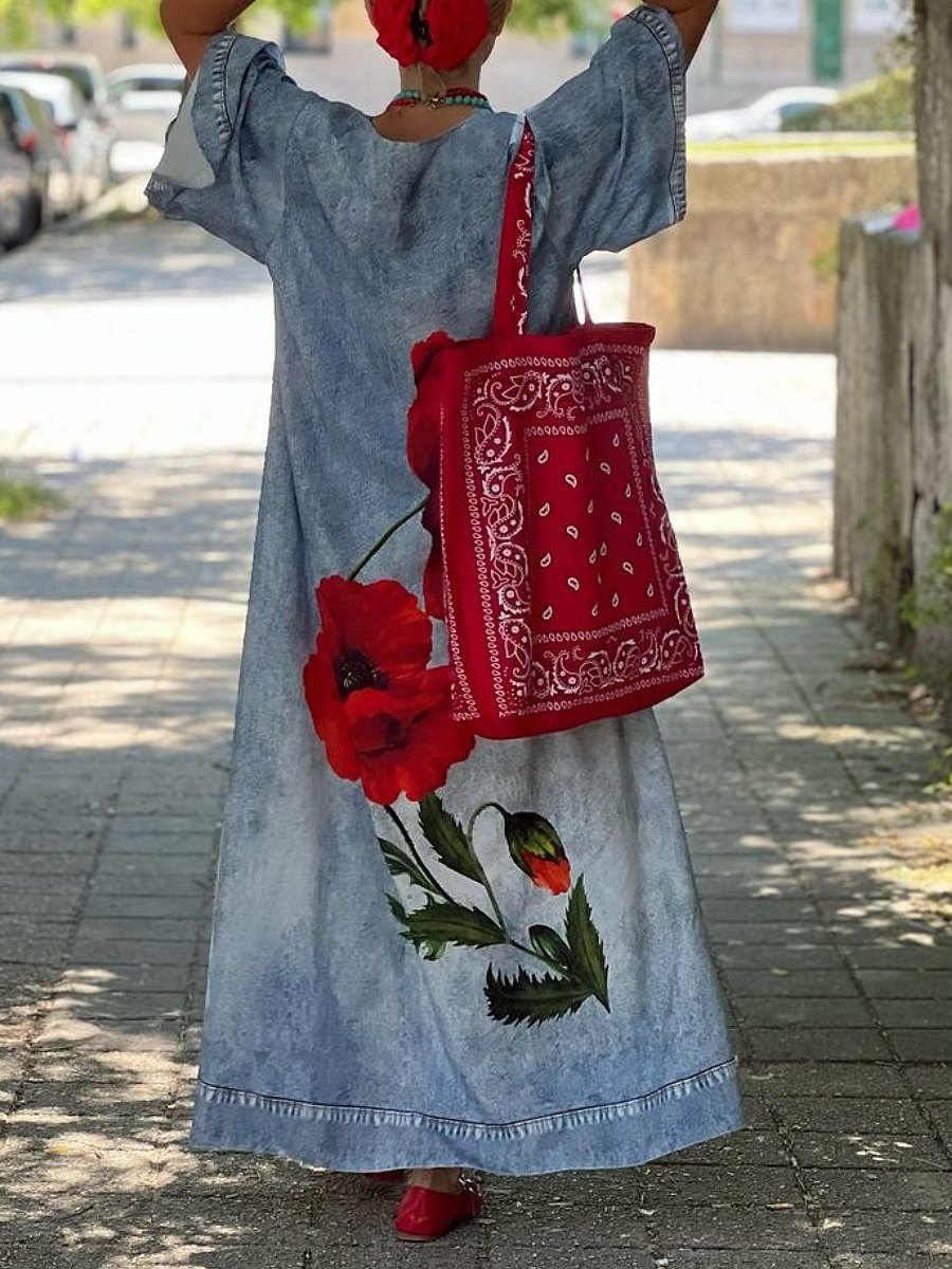 Flower Print Split Neck Loose Maxi Dress